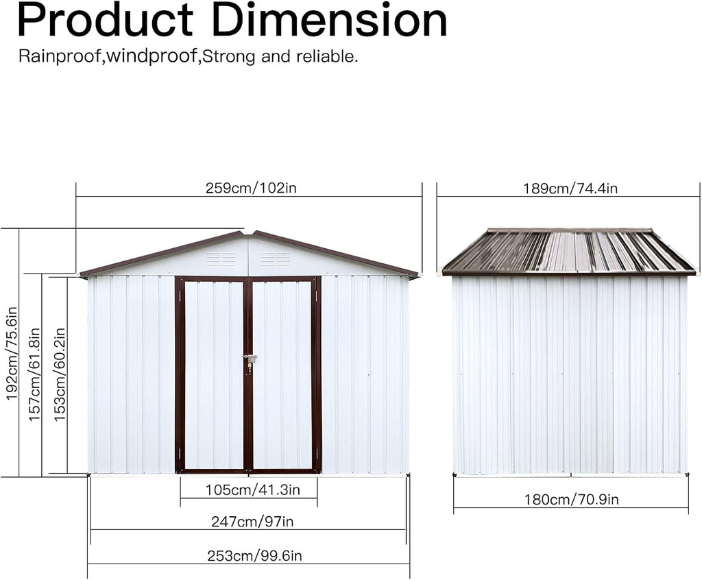 10x12 FT Sheds & Outdoor Storage,Metal Aluminum Garden Shed,with Punched Vents,Waterproof Cabinet w/Hinged Door and Padlock,Tool House for Storing Bicycles,Lawnmowers,Barbeques,White+Grey