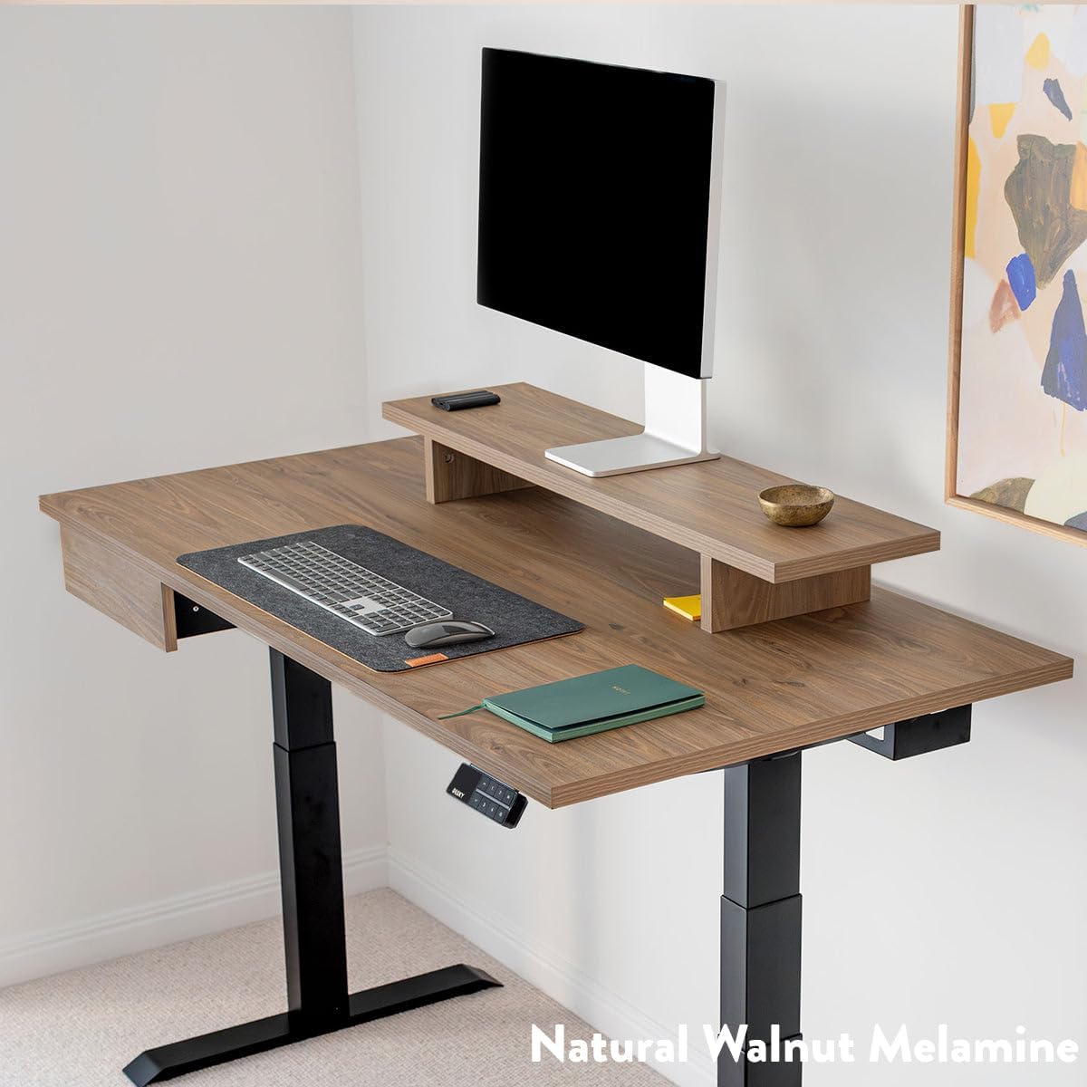 Desky Minimal Monitor Stand – Ergonomic Wood Riser for Single or Dual Monitors, Desk Shelf Organizer to Elevate Screen Height – Walnut Hardwood