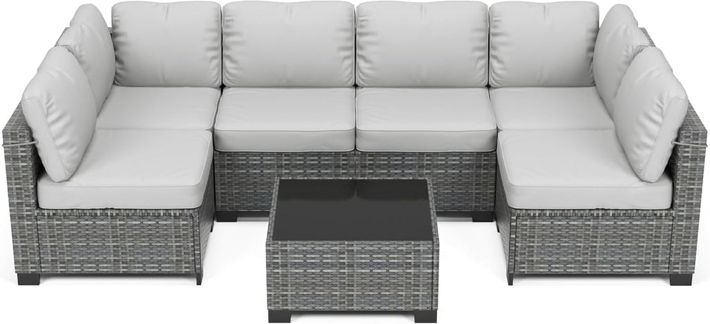 GarveeLife 7 Pieces Patio Furniture Set, Rattan Sectional Patio Sofa Set with 4 Sofas and One Coffee Table, Modular Outdoor Conversation Sofa Set for Garden, Backyard, Porch, Grey