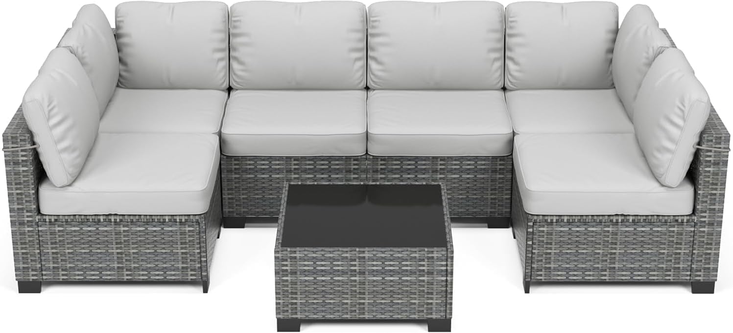 GarveeLife 7 Pieces Patio Furniture Set, Rattan Sectional Patio Sofa Set with 4 Sofas and One Coffee Table, Modular Outdoor Conversation Sofa Set for Garden, Backyard, Porch, Grey