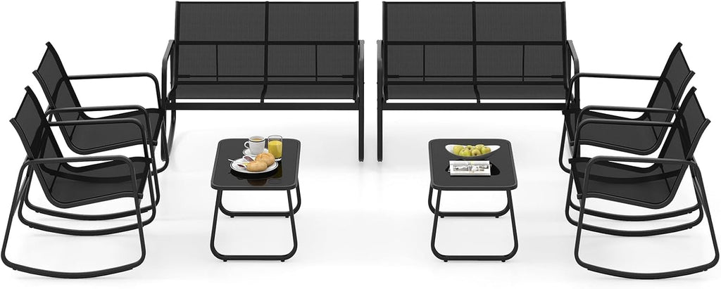 Tangkula 8 Piece Rocking Patio Furniture Set, 4 Rocking Chairs & 2 Loveseat with Glass-Top Table, Patio Rocking Set with Smooth Rocking Motion, Outdoor Rocker Conversation Set for Porch, Yard