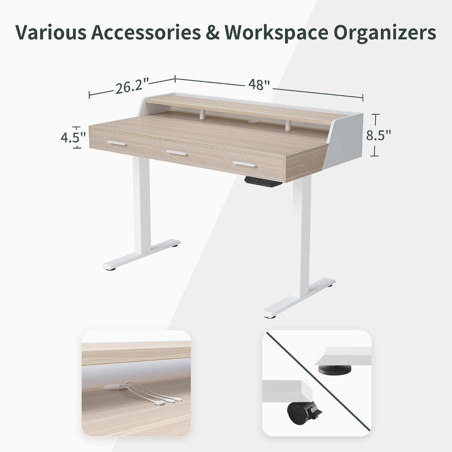 FEZIBO 48x26 Inches Standing Desk with 3 Wooden Drawers and Monitor Shelf, Height Adjustable Computer Desk, Ergonomic Rising Home Office Desks, Sit Stand Up Electric Workstation Table, Light Walnut