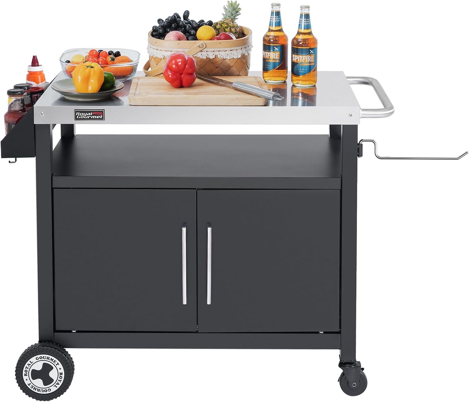 Outdoor Grill Cart with Wheels, Movable Kitchen Island with Storage Cabinet for BBQ, Stainless Steel Dining Cart Table for Food Prep, Black, PC3403S-SC