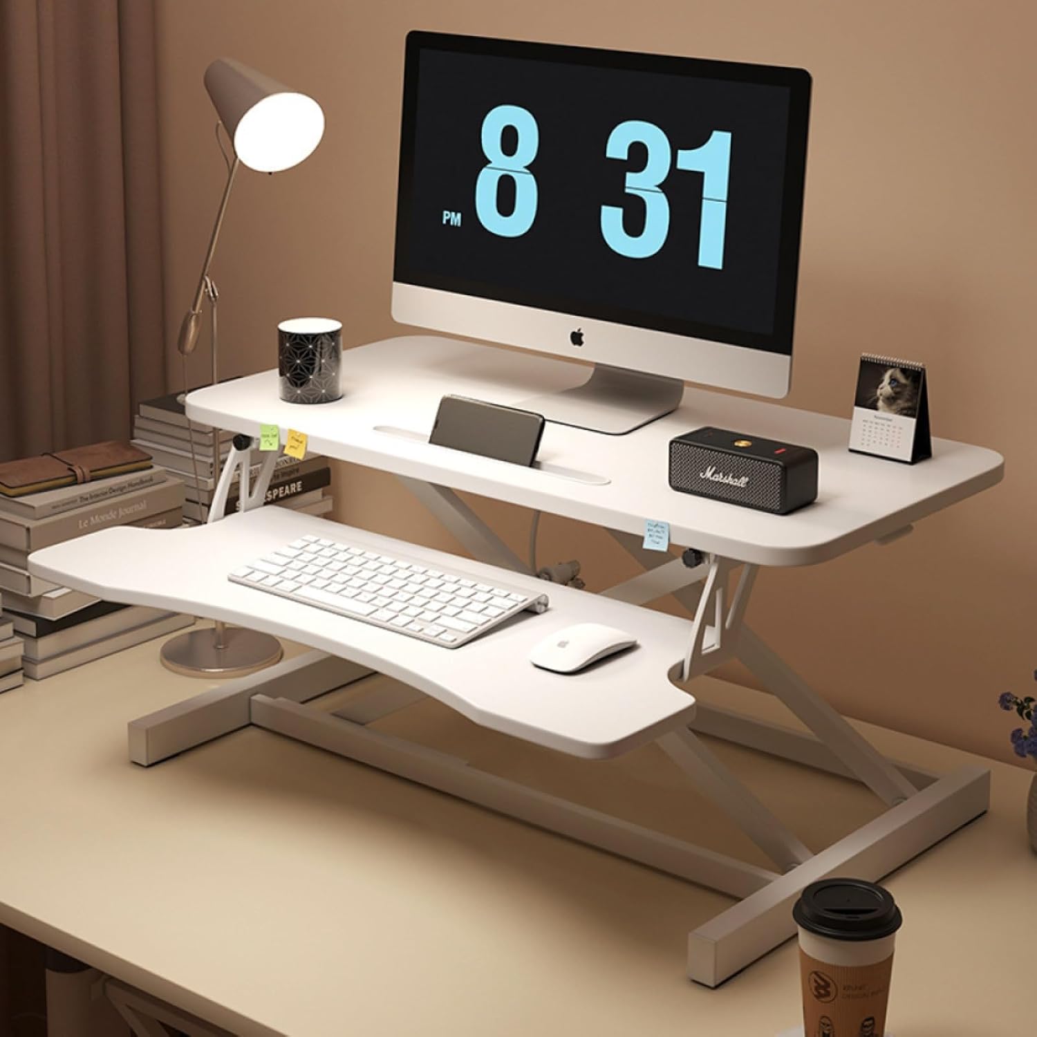 32' Height Adjustable Standing Desk Sit To Stand Converter with Wide Keyboard Tray for Home Office, Stand Up Desk Dual Monitor Riser Workstation with Spacious Tabletop for Laptops/Small Space (White)
