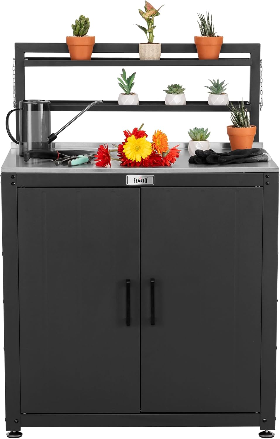 Feasto Garden Potting Bench with Storage Cabinet,Outdoor Gardening Table & Work Bench for Plants, Horticulture,Outdoor Workstation with Stainless Steel Tabletop,Outdoor Work Table with Elevated Rack