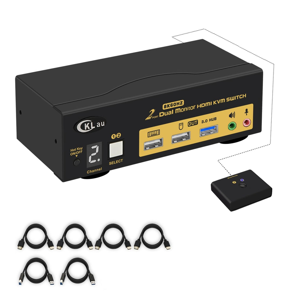 2x2 USB 3.0 HDMI KVM Switch 2 Monitors 2 Computers with Cables Support 8K@60Hz, 4K@144Hz, Emulation EDID, Hotkey Switching, Digital Display