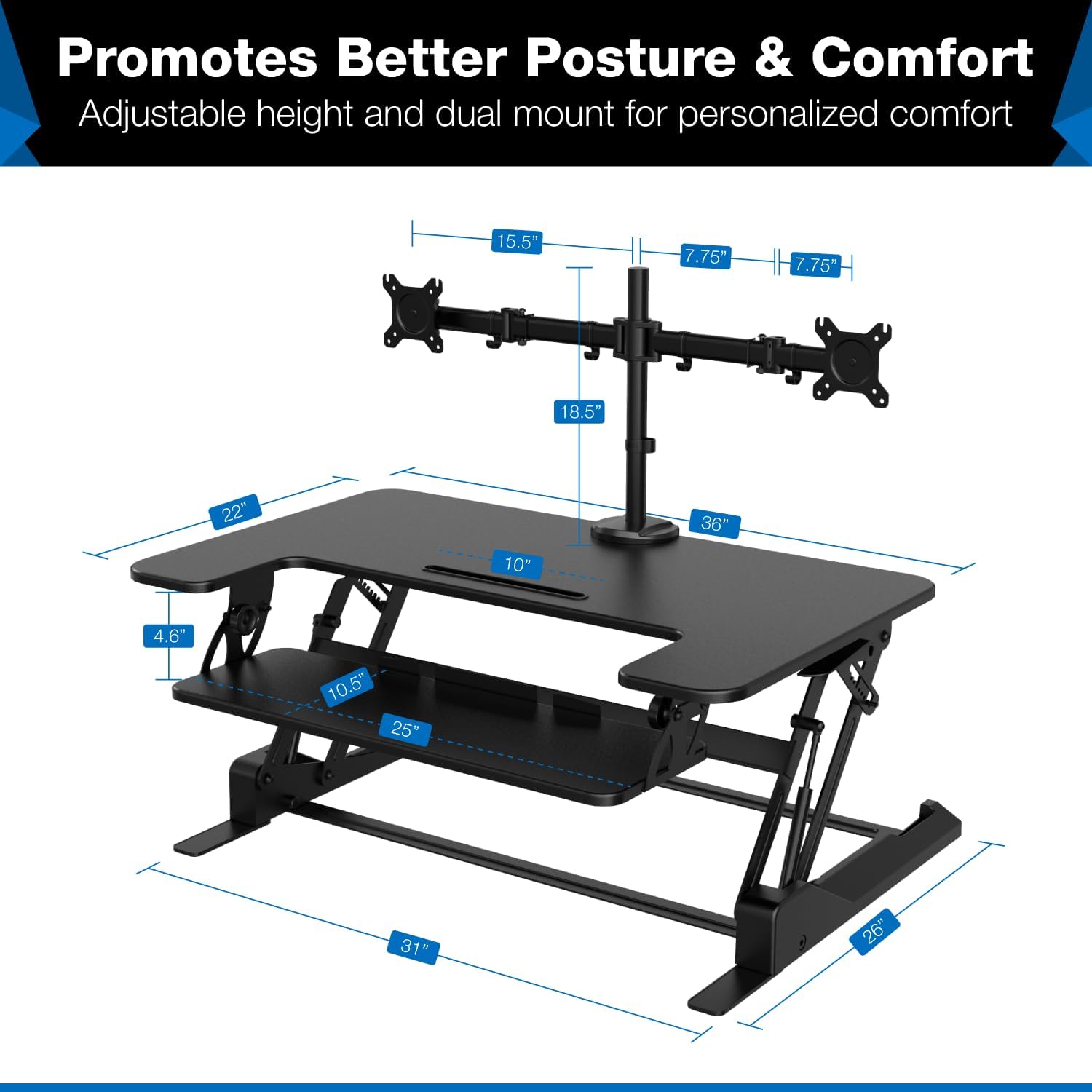 Mount-It! Standing Desk Converter Dual Monitor, 2 Screen Mounts Included, Height Adjustable Desk Riser in Black, Stand Up Desk Convertor Large 36' Wide, Sit Stand Convertor with Manual Lift Gas Spring