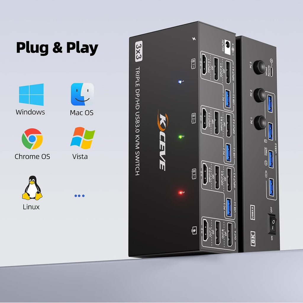 KVM Switch 3 Monitors 3 Computers 8K@60Hz 4K@144Hz, HDMI Dispalyport Triple Monitor KVM Switches for 3 PC Share 3 Monitor and 4 USB 3.0 Devices, Wired Remote, Power Adapter and USB3.0 Cables Included