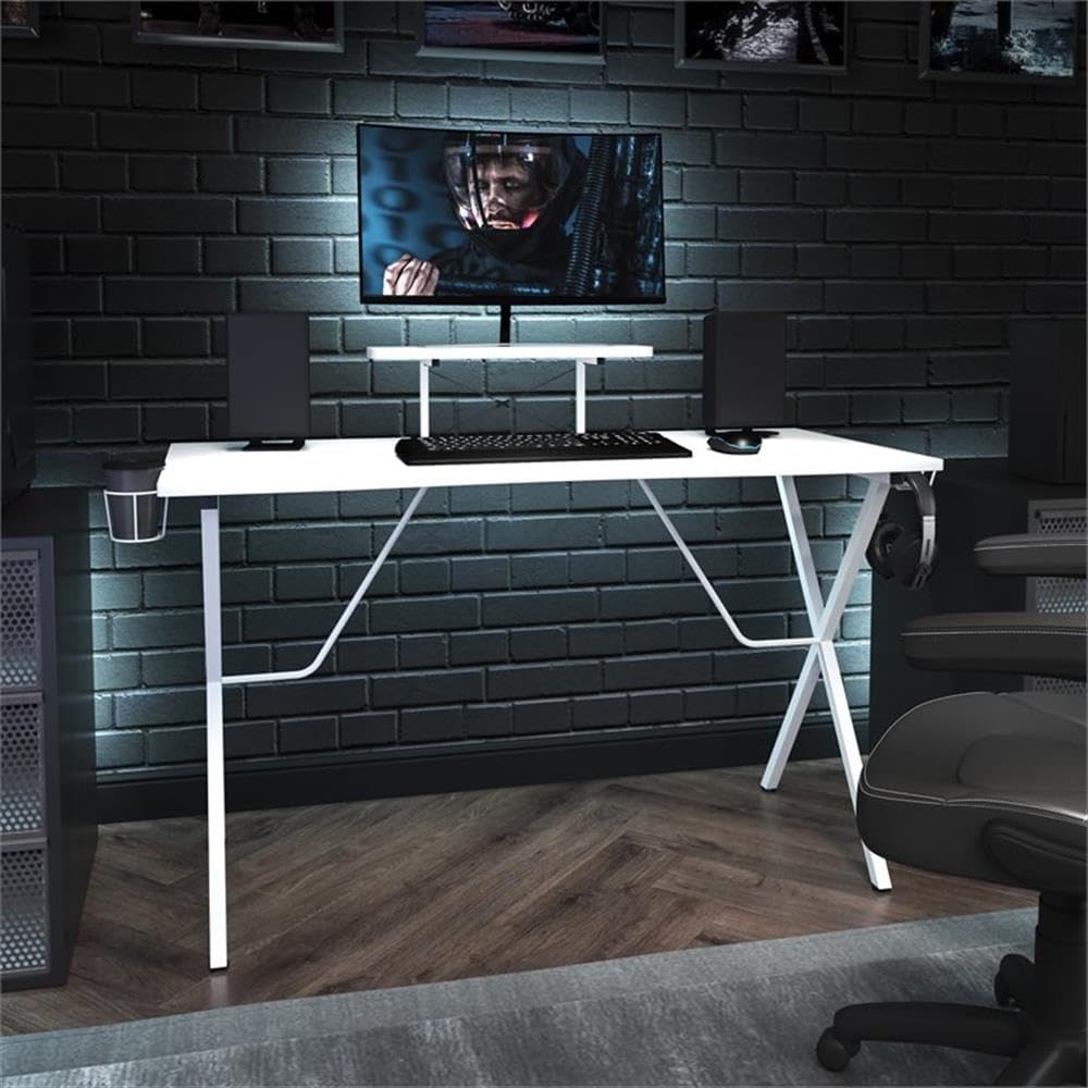 Flash Furniture Mallot Gaming Desk - White Computer Desk - 51.5' Gamers Table with Cup Holder, Headphone Hook, and Monitor/Smartphone Stand