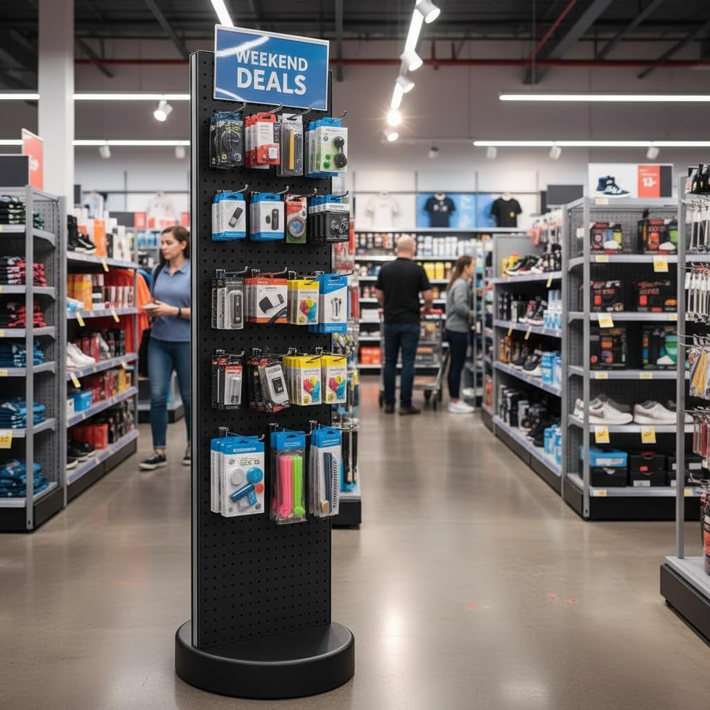 Azar Displays 700780 TWO-SIDED PEGBOARD FLOOR DISPLAY W/C-CHANNEL SIDES ON REVOLVING ROUND STUDIO BASE. PANEL SIZE: 16'W X 60'H, (Black Midnight)