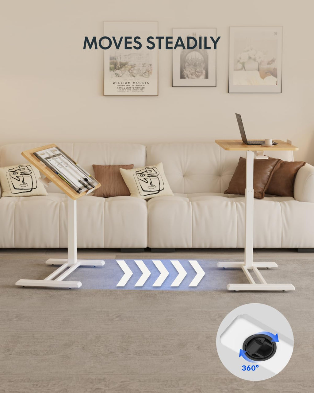 FLEXISPOT H7 PRO Mobile Standing Desk Adjustable Overbed Table Pneumatic with Wheels 55°Tiltable Portable Laptop Desk Rolling Computer Cart Foldable Bedside Table(27.6' W x 15.7' D, Maple)