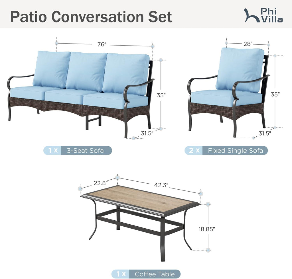PHI VILLA Outdoor Modern Patio Furniture Set, Upgraded Wicker & Metal Patio Furniture Conversation Set with Waterproof Thick Cushions for Porch, Poolside, Yard (4 Pieces,Blue)