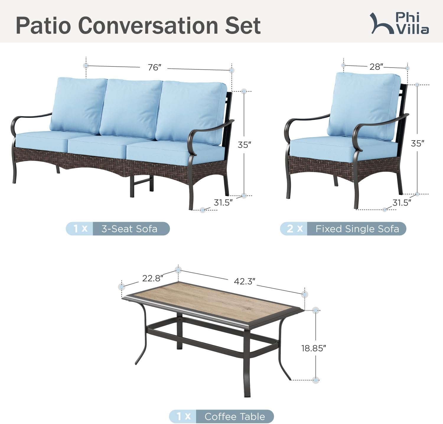 PHI VILLA Outdoor Modern Patio Furniture Set, Upgraded Wicker & Metal Patio Furniture Conversation Set with Waterproof Thick Cushions for Porch, Poolside, Yard (4 Pieces,Blue)