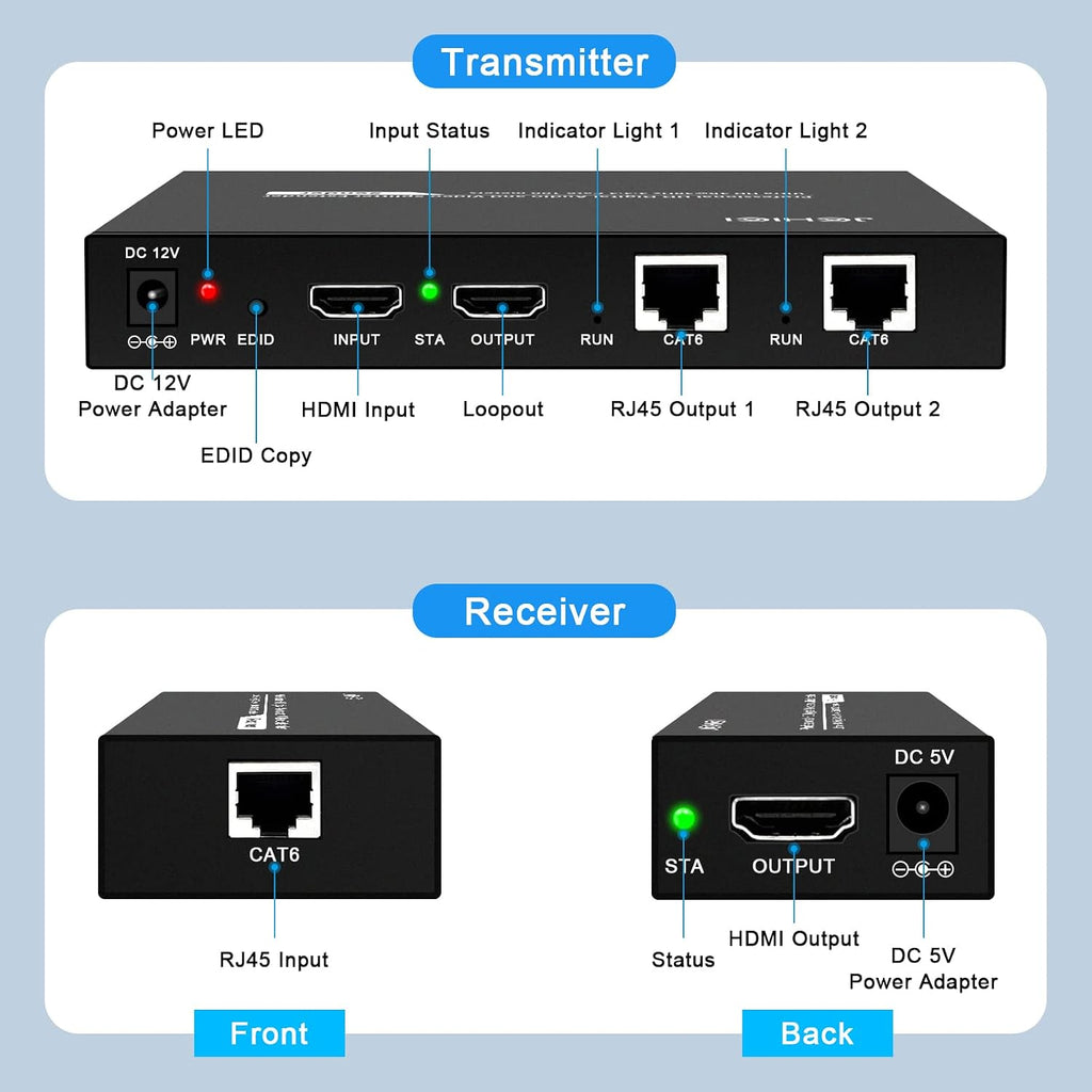 HDMI Extender Splitter 1 x 2, JCHICI 4K@30Hz 100M(328fts) HDMI Splitter with Loopout and EDID Copy Function, Lossless Transmission and Zero Latency, Support 3D