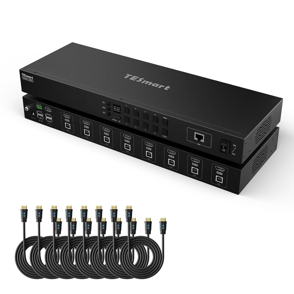 TESmart 8X1 HDMI KVM Switch 8 Port 4K@30Hz, USB2.0 Rackmount KVM Enterprise-Grade EDID Emulator | Hotkey Switch | RS232 | LAN Port | IR Remote | IP Control | Auto Scan | with 8 Pcs 5ft KVM Cable