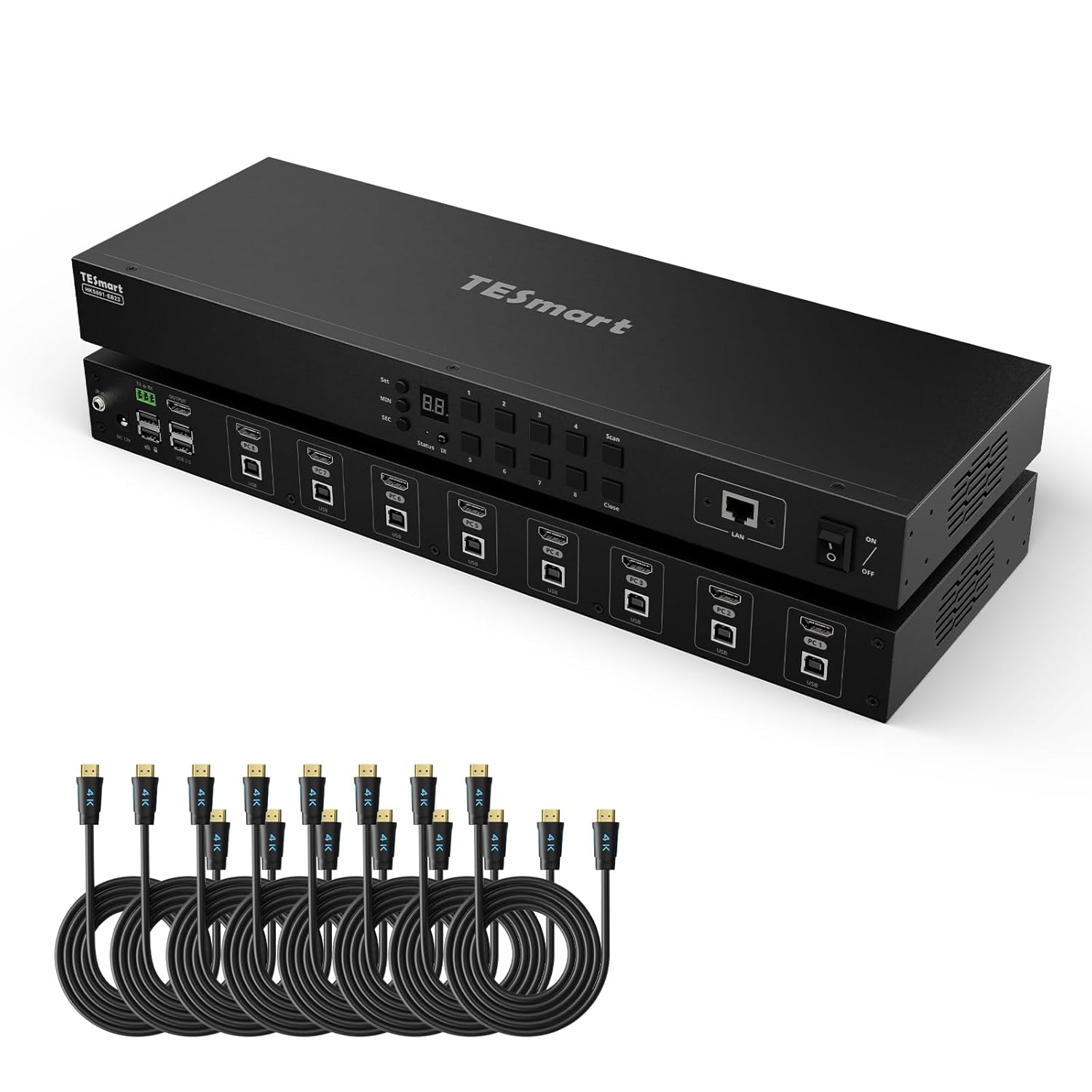 TESmart 8X1 HDMI KVM Switch 8 Port 4K@30Hz, USB2.0 Rackmount KVM Enterprise-Grade EDID Emulator | Hotkey Switch | RS232 | LAN Port | IR Remote | IP Control | Auto Scan | with 8 Pcs 5ft KVM Cable