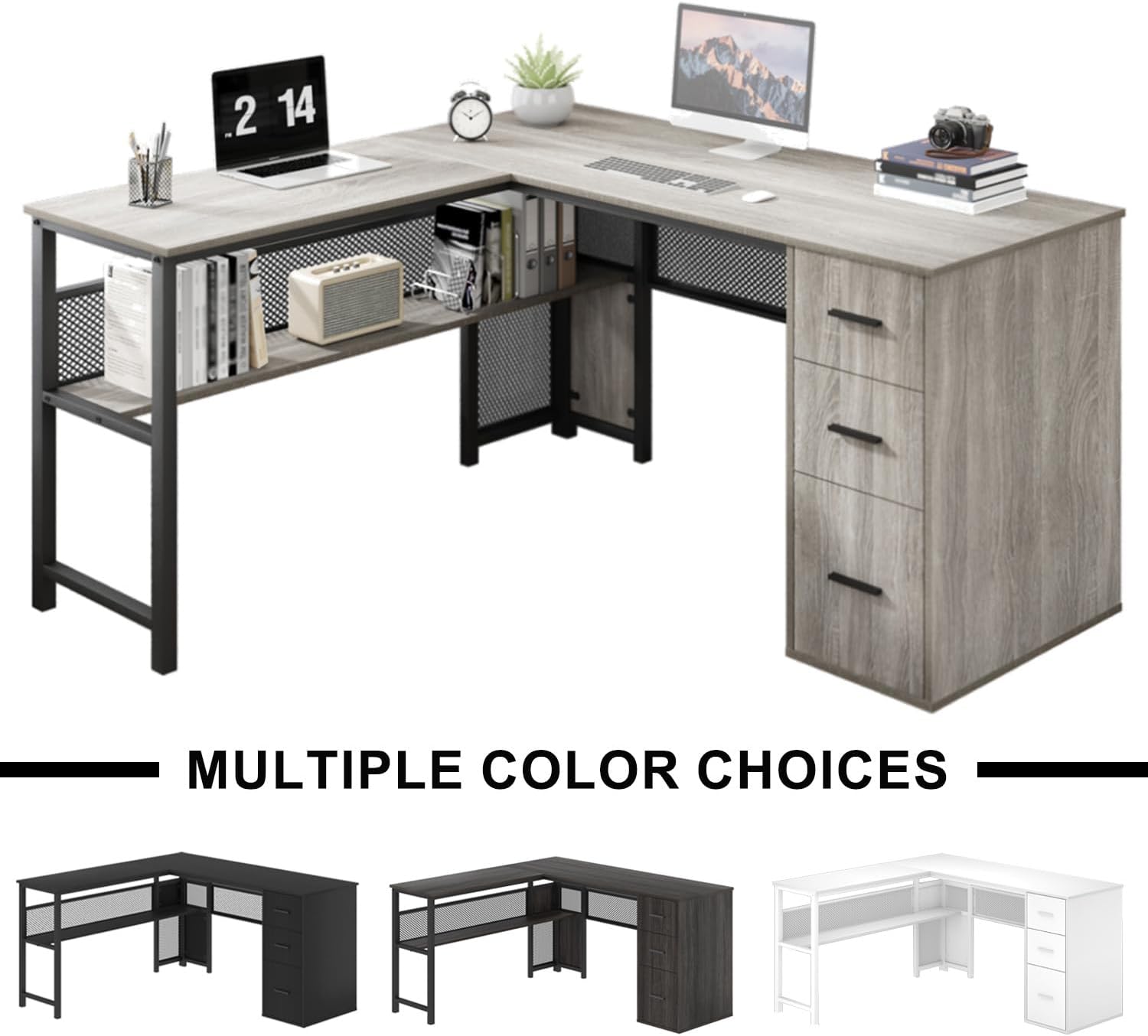 LVB Reversible Gray L Shaped Corner Desk, Farmhouse Wood Computer Desk with File Drawers Cabinets, Large Work Study Executive Home Office Desk with Storage Shelves for Bedroom, Light Grey Oak, 59 Inch