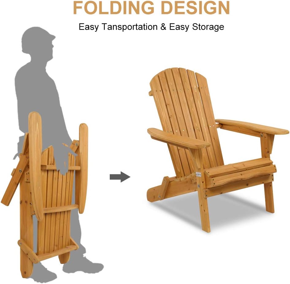 VINGLI Folding Wooden Adirondack Chair Set of 2 and Table Set, Fire Pit Seating Ergonomic Design, Folding Outdoor Patio Lounger Armchair Lawn Chairs Furniture w/Natural Finish, for Beach, Balcony