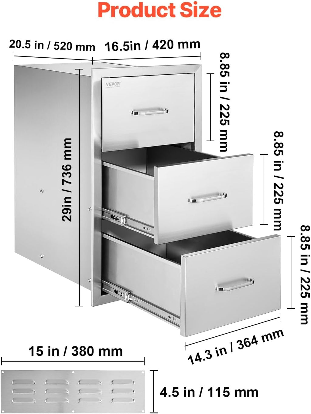 VEVOR Outdoor Kitchen Drawers, 16.5' W x 29' H x 20.5' D Triple Access Drawers, Stainless Steel Flush Mount Cabinets, BBQ Island Storage with Paper Towel Holder & Handle, for Patio Grill Station