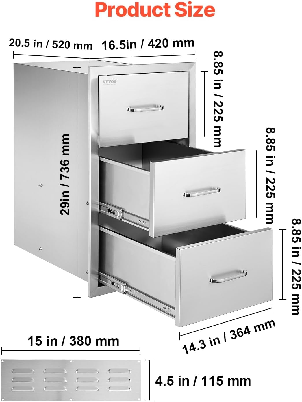 VEVOR Outdoor Kitchen Drawers, 16.5' W x 29' H x 20.5' D Triple Access Drawers, Stainless Steel Flush Mount Cabinets, BBQ Island Storage with Paper Towel Holder & Handle, for Patio Grill Station