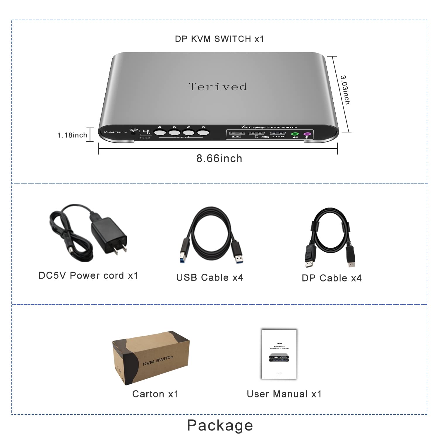 4 Computers 1 DP Monitor Automatic KVM Switch 4K@144Hz 8K30Hz with Complete Cable Set, Hotkey Switching, Support Audio Microphone and USB Hub, Aluminum Alloy Shell, Digital Display, HDR10