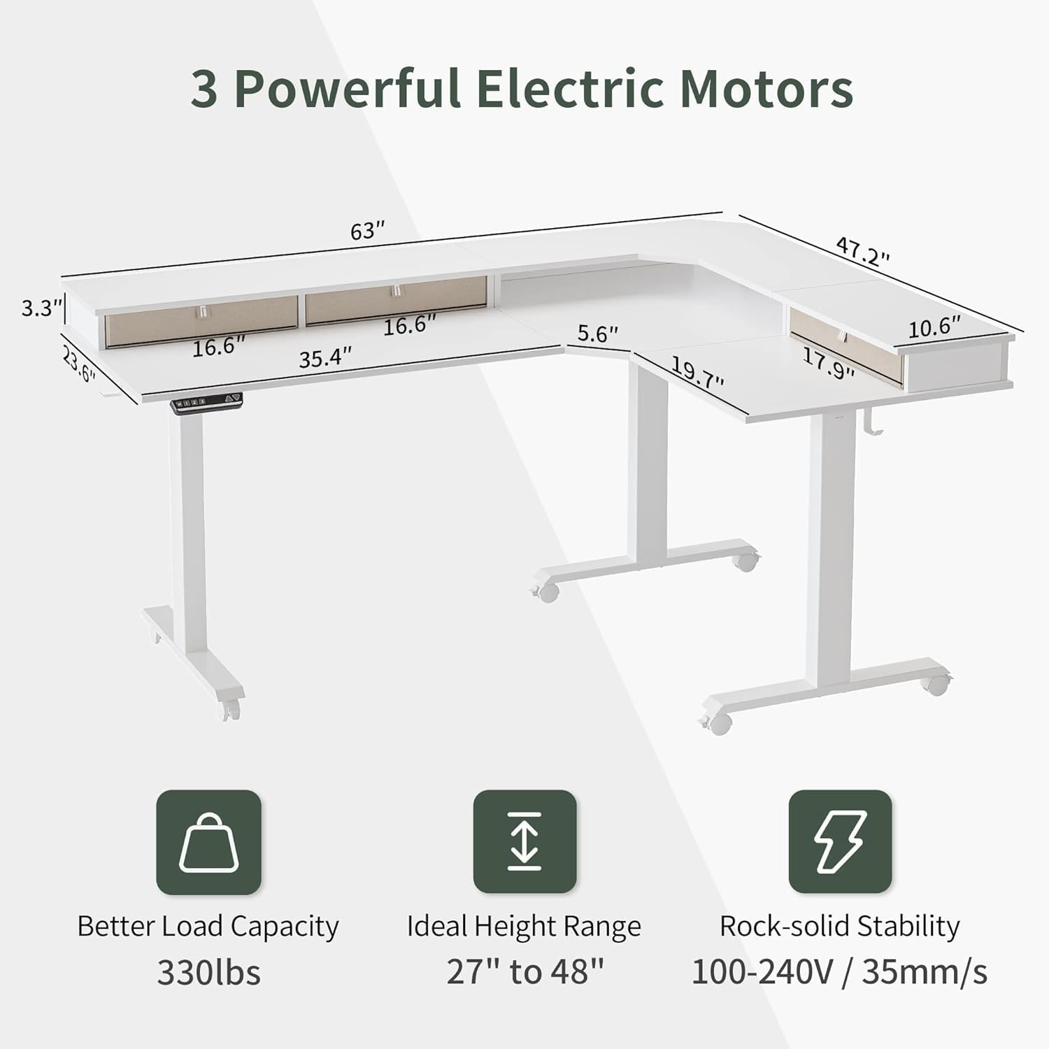 FEZIBO 63' Triple Motor L Shaped Standing Desk with 3 Drawers, 330LBS Electric Standing Gaming Office Desk L Shape, Pure White