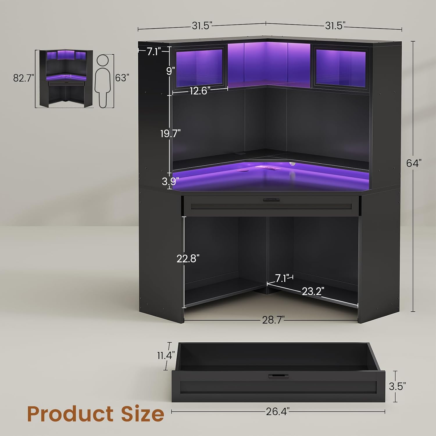 SEDETA 31.5' Corner Desk with Drawers, Small Office Computer Desk with Storage Shelves & Hutch for Small Space, Gaming Desk with LED Lights & Power Strip for Home Office, Black