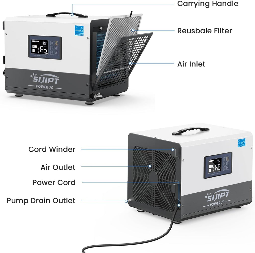 Crawl Space Dehumidifier with Pump, 70 Pints Energy Star Commercial Dehumidifiers for Basement and Home, Compact Dehumidifier for Spaces up to 1000 Sq Ft with Auto Defrost, Memory Starting