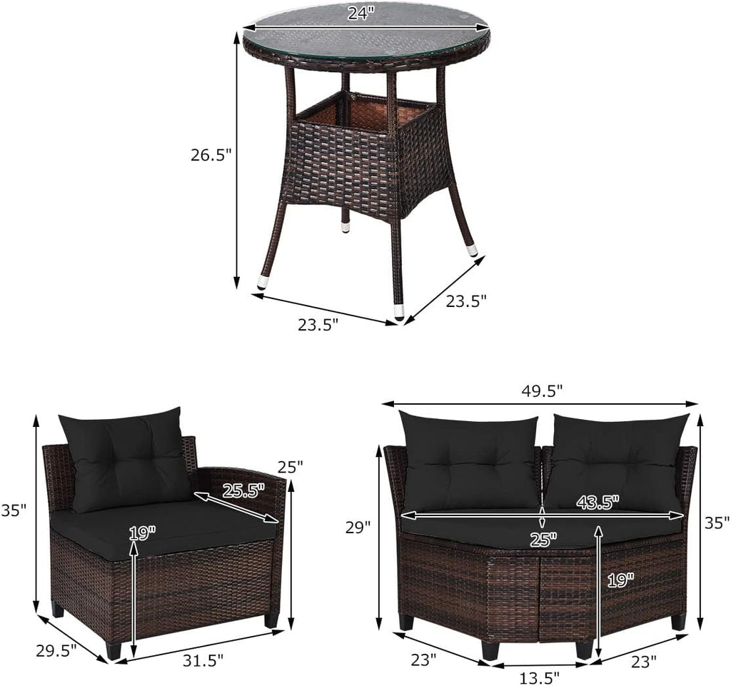 HAPPYGRILL 4 Pieces Rattan Patio Conversation Set, Outdoor Wicker Furniture Set with Cushioned Sofas and Coffee Table, L-Shape Sectional Curved Sofa Set for Garden Poolside Balcony