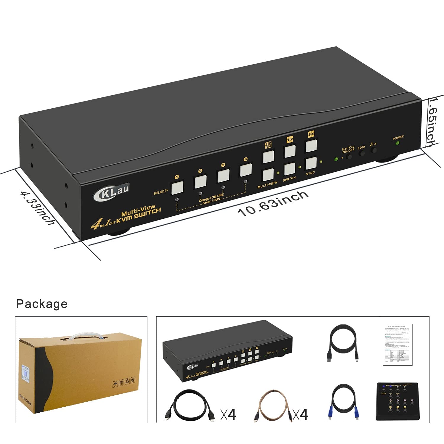 4Kx2K@30Hz 4 Port Multi-View HDMI KVM Switch with Cables, Audio and USB 2.0 Hub - Quad Screen Divide/Sync/Single-View Switching Up to 7 Modes