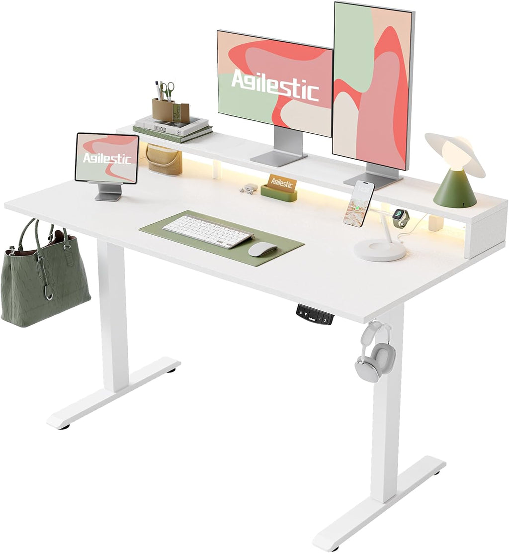 Agilestic 63x24 Inch Electric Standing Desk with Shelf, Height Adjustable Desk with Power Outlets & LED, Sit Stand Up Table with Monitor Stand, Computer Workstation, White