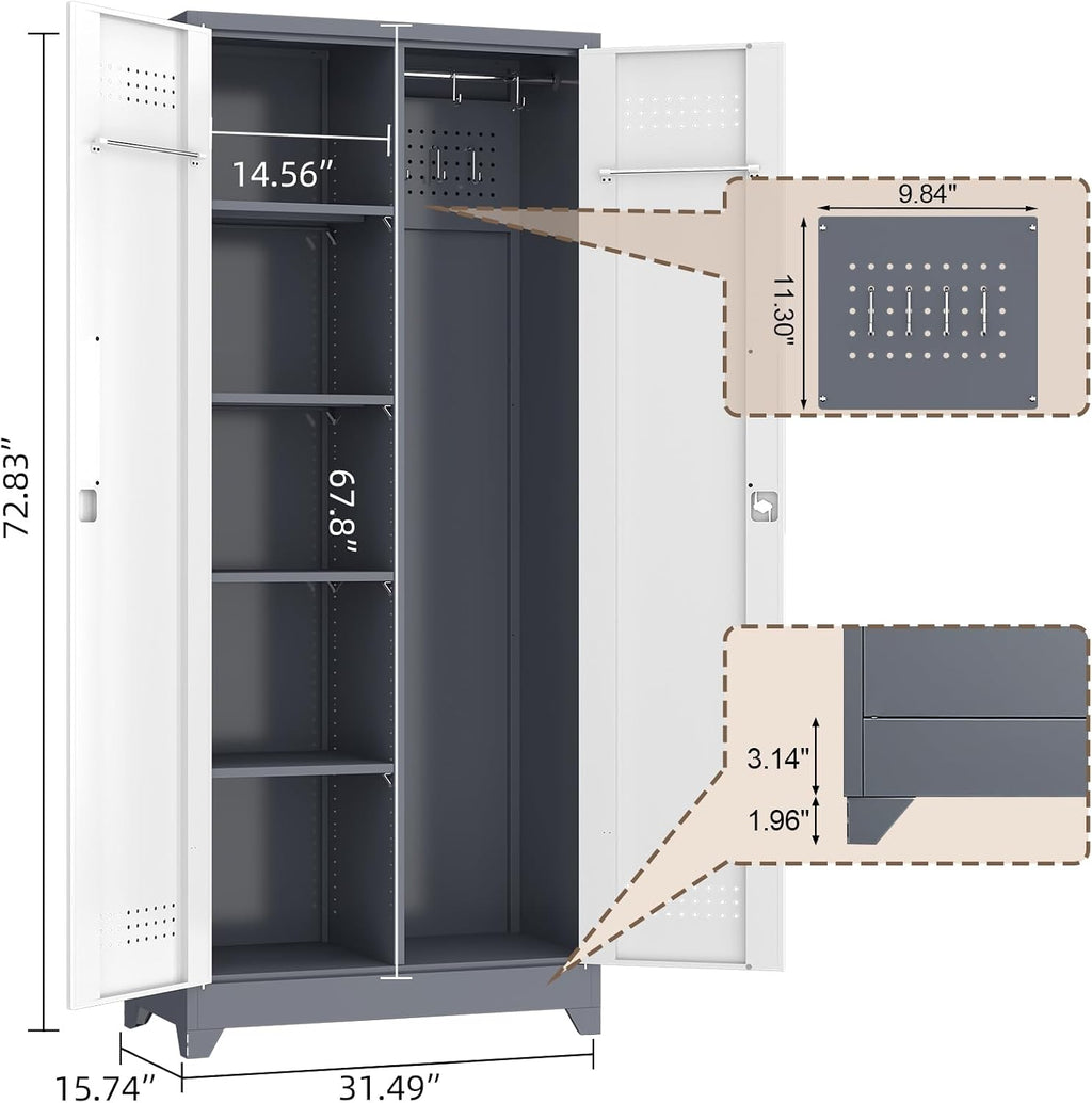GREATMEET 72'' Metal Utility Storage Cabinet with Pegboard & Tool Hanging Bars, Double Door Cleaning Supply Organizer with Adjustable Shelves, Tall Garage Janitor Storage Cabinet, Gray White