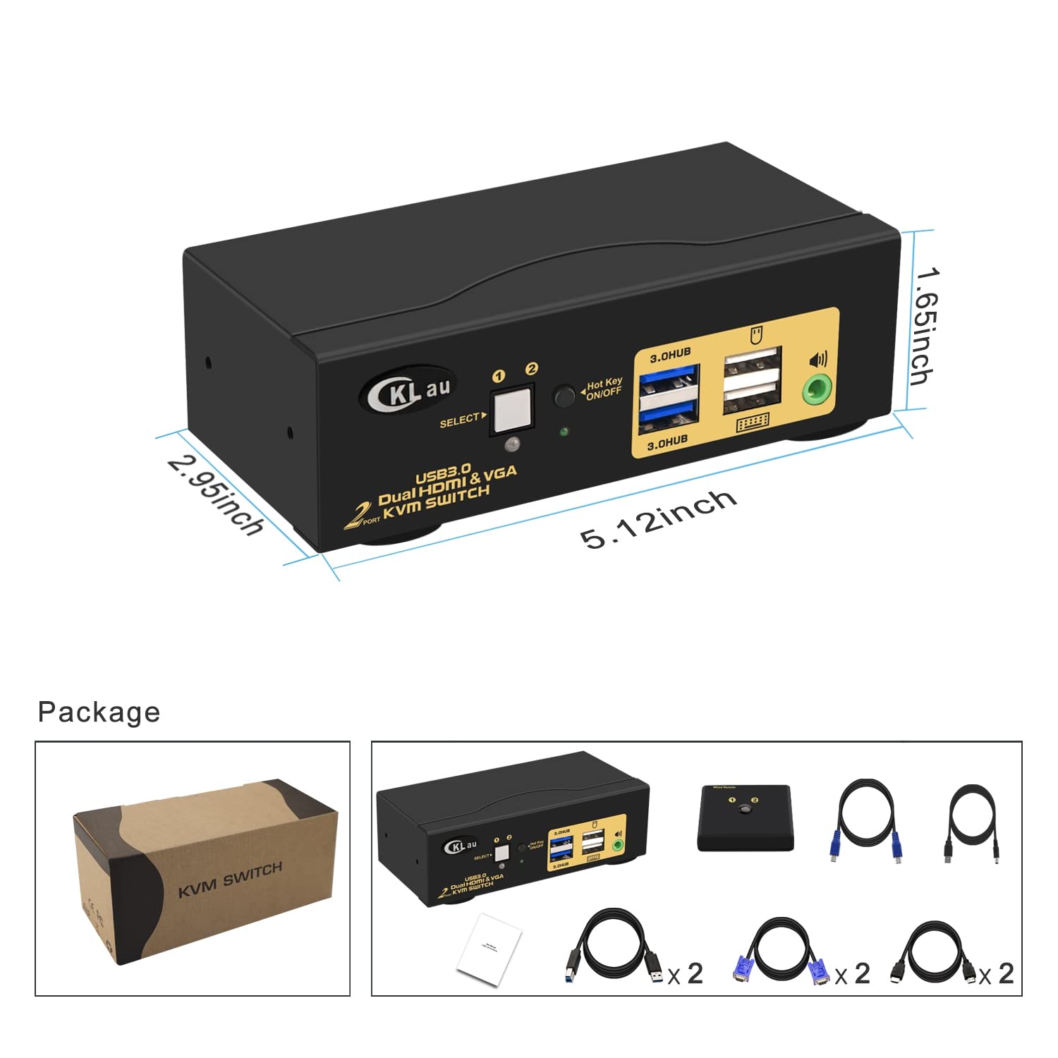 4Kx2K@60Hz 4:4:4 2 Port USB 3.0 Dual Monitor KVM Switch HDMI + VGA with Audio and Cables, HDMI VGA KVM Switch 2 Monitors 2 Computers Support Wireless Keyboard Mouse