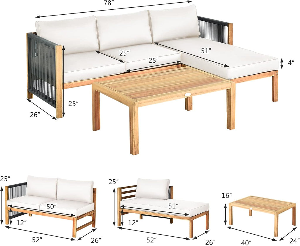 Tangkula L Shape Outdoor Furniture Set, 3 Piece Acacia Wood Patio Conversation Set, with 2 loveseats and Coffee Table, Garden Backyard Poolside Patio Seating Set (White)