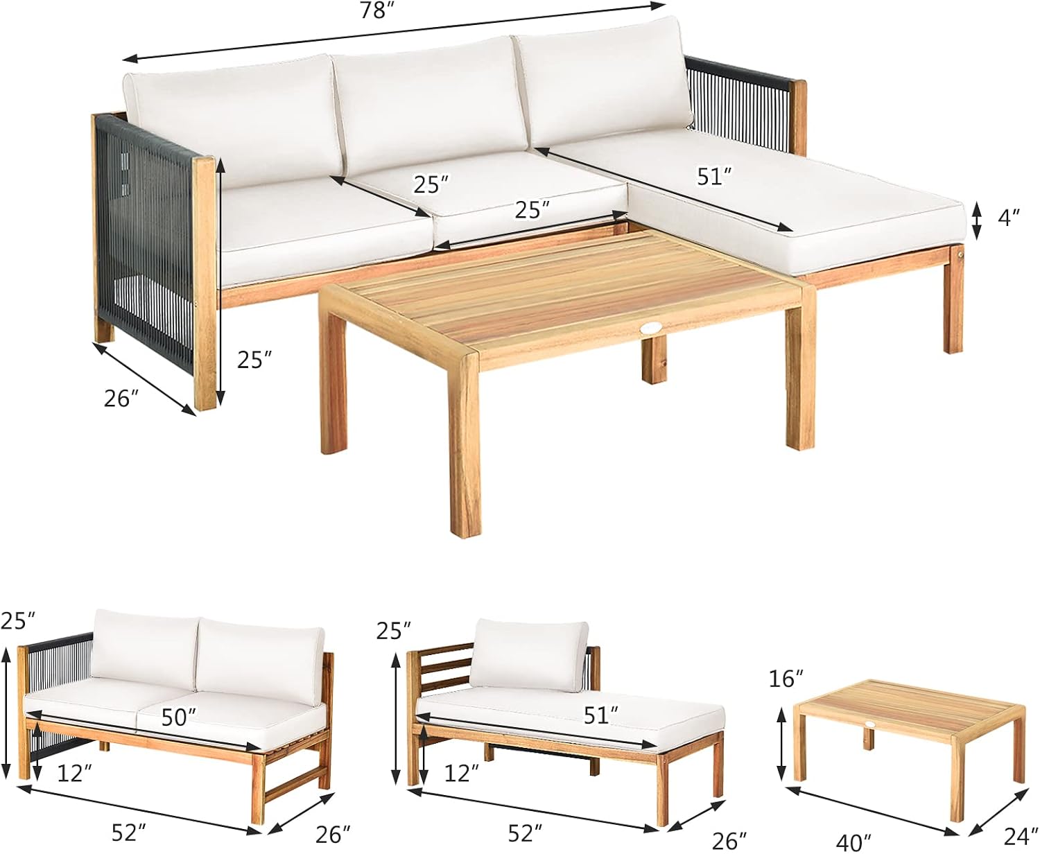 Tangkula L Shape Outdoor Furniture Set, 3 Piece Acacia Wood Patio Conversation Set, with 2 loveseats and Coffee Table, Garden Backyard Poolside Patio Seating Set (White)