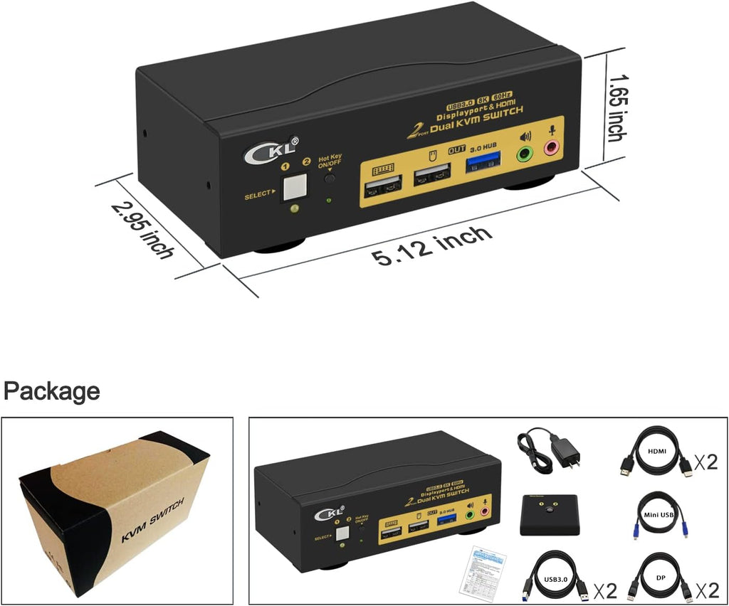 CKL 2 Port USB 3.0 KVM Switch Dual Monitor HDMI 2.0 4K@60Hz(HDMI Out) + DisplayPort 1.4 8K 30Hz 4K 120Hz 144Hz (DP Out), Keyboard Video Mouse Peripherals Switcher for 2 Computers 2 Monitors with Audio