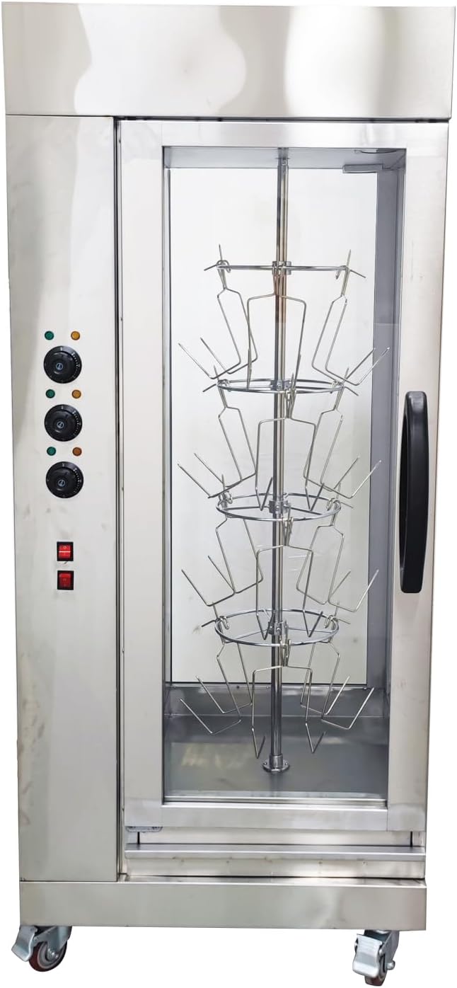 Electric Chicken Grill Machine Rotary Vertical Rotisserie Stainless Steel with Rotating Hanging Basket & Removable Oil Collection Tray 220V 7.5KW 50-300℃ for Meat Chicken Turkey