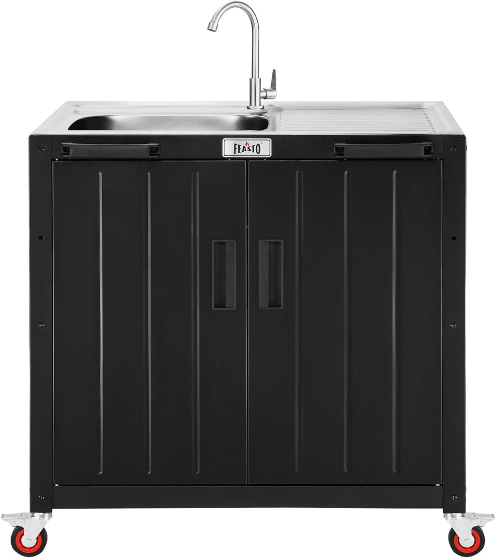 Feasto Outdoor Kitchen Island with Stainless Steel Sink and Storage Cabinet, 35-Inch BBQ Prep Station with Faucet & Lockable Wheels for Patio, Backyard, and Outdoor Cooking, Black & Silver