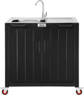 Feasto Outdoor Kitchen Island with Stainless Steel Sink and Storage Cabinet, 35-Inch BBQ Prep Station with Faucet & Lockable Wheels for Patio, Backyard, and Outdoor Cooking, Black & Silver