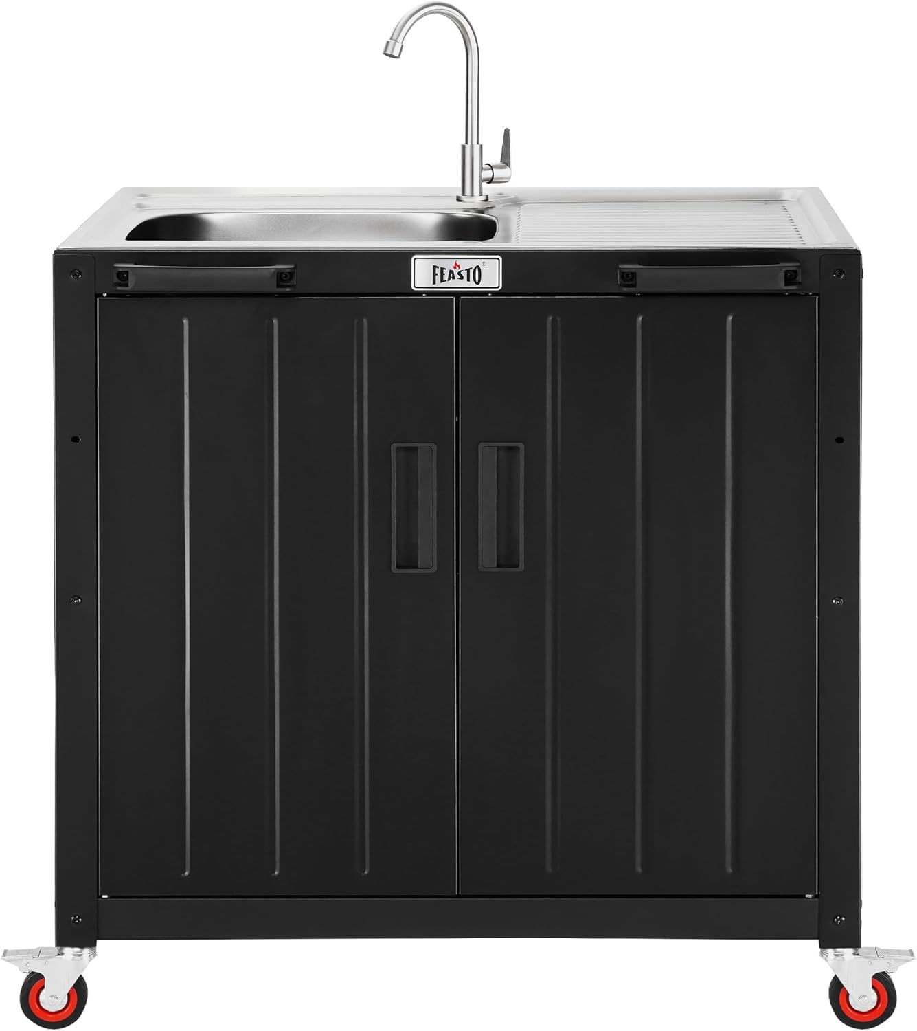 Feasto Outdoor Kitchen Island with Stainless Steel Sink and Storage Cabinet, 35-Inch BBQ Prep Station with Faucet & Lockable Wheels for Patio, Backyard, and Outdoor Cooking, Black & Silver