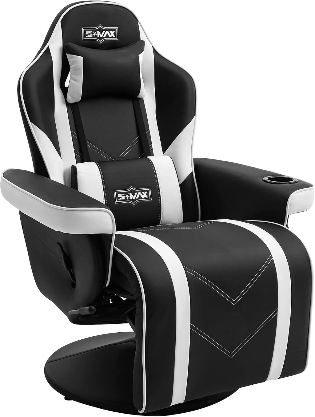 S*MAX Gaming Recliner Chair for Adults Racing Style Ergonomic High Back Swivel PU Leather Gaming Chair with Adjustable Backrest and Footrest Cup Holder Side Pouch White Black