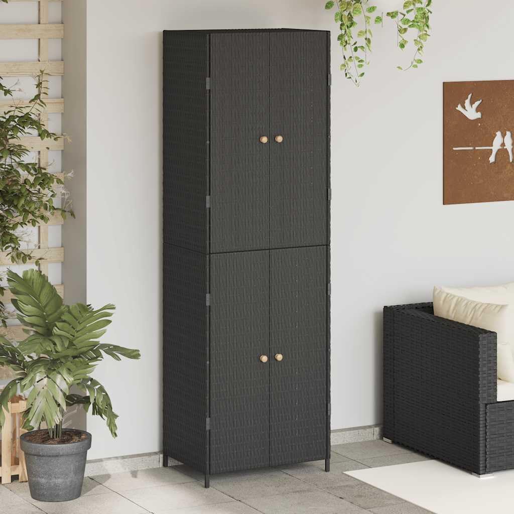 vidaXL Wooden Garden Storage Cabinet, Durable Poly Rattan, Water-Resistant, 4 Compartments, Outdoor Storage Cabinet, Powder-Coated Steel Frame, Solid Acacia Wood Knobs, 23.2'x15.7'x70.9', Black