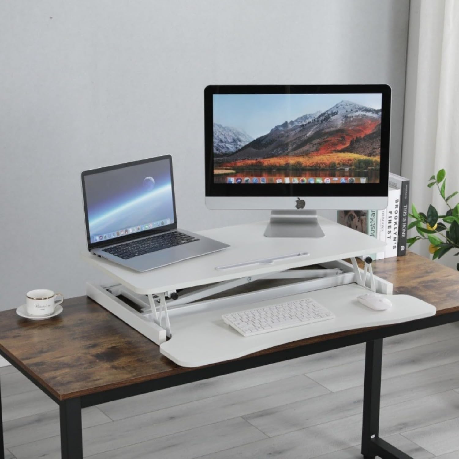 32' Height Adjustable Standing Desk Sit To Stand Converter with Wide Keyboard Tray for Home Office, Stand Up Desk Dual Monitor Riser Workstation with Spacious Tabletop for Laptops/Small Space (White)