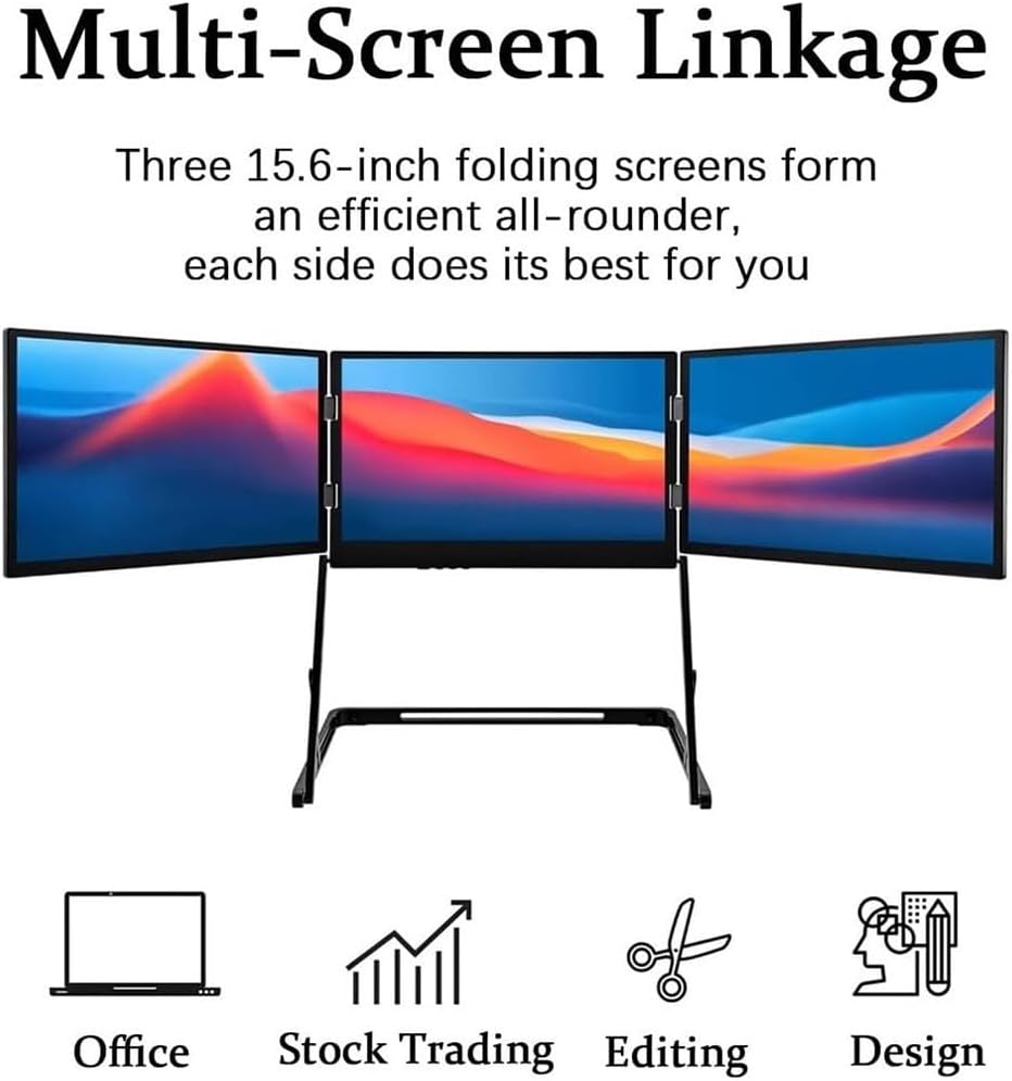 15.6'Laptop Tri-Fold Monitor, 1080p Fhd Portable Laptop Screen Extender, Type-C/HDMI/USB-C Plug-Play Triple Monitor with 360° Rotation Adjustable Viewing Angles Compatible with Windows and Macos (1pc)