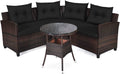 HAPPYGRILL 4 Pieces Rattan Patio Conversation Set, Outdoor Wicker Furniture Set with Cushioned Sofas and Coffee Table, L-Shape Sectional Curved Sofa Set for Garden Poolside Balcony