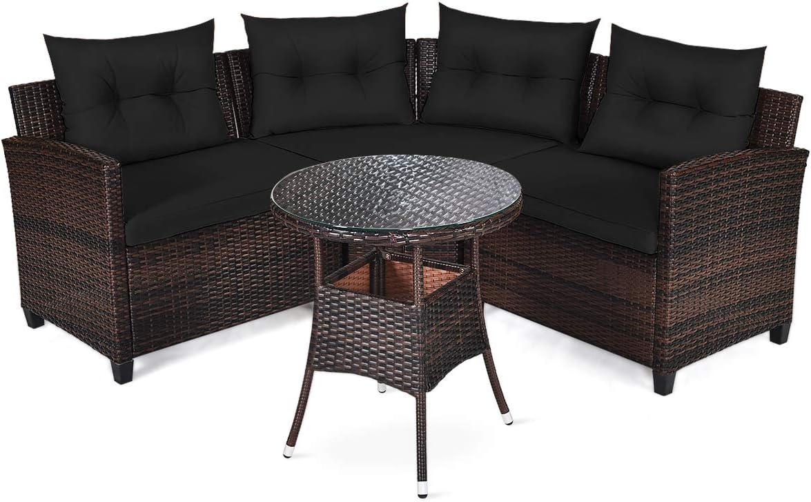 HAPPYGRILL 4 Pieces Rattan Patio Conversation Set, Outdoor Wicker Furniture Set with Cushioned Sofas and Coffee Table, L-Shape Sectional Curved Sofa Set for Garden Poolside Balcony