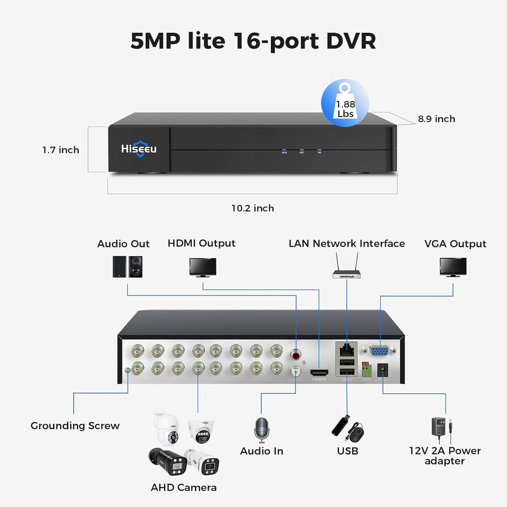 Hiseeu 3K Lite DVR 16 Channel Security Digital Video Recorder Advanced CCTV DVR for Security Camera,AHD/TVI/CVI/CVBS/IPC 5 in 1 Hybrid,Remote Access,No Monthly Fee(No Hard Drive)