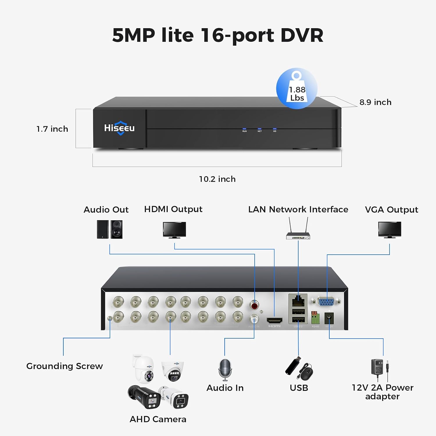 Hiseeu 3K Lite DVR 16 Channel Security Digital Video Recorder Advanced CCTV DVR for Security Camera,AHD/TVI/CVI/CVBS/IPC 5 in 1 Hybrid,Remote Access,No Monthly Fee(No Hard Drive)