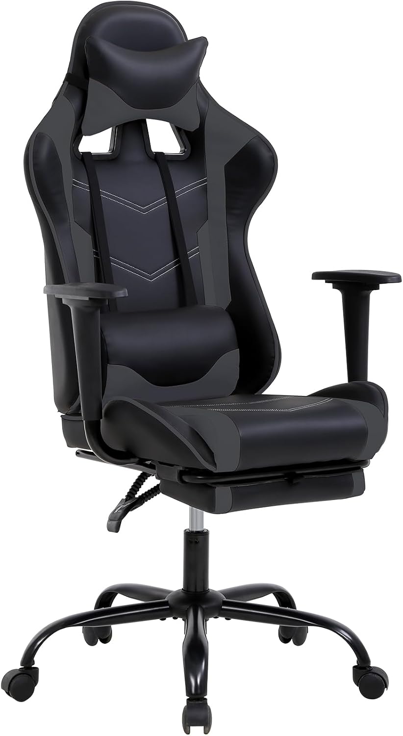 Ergonomic Gaming Chair with Footrest, High Back PU Leather Office Desk Chair for Adults Teens, Rolling Swivel Computer Chair (Grey)
