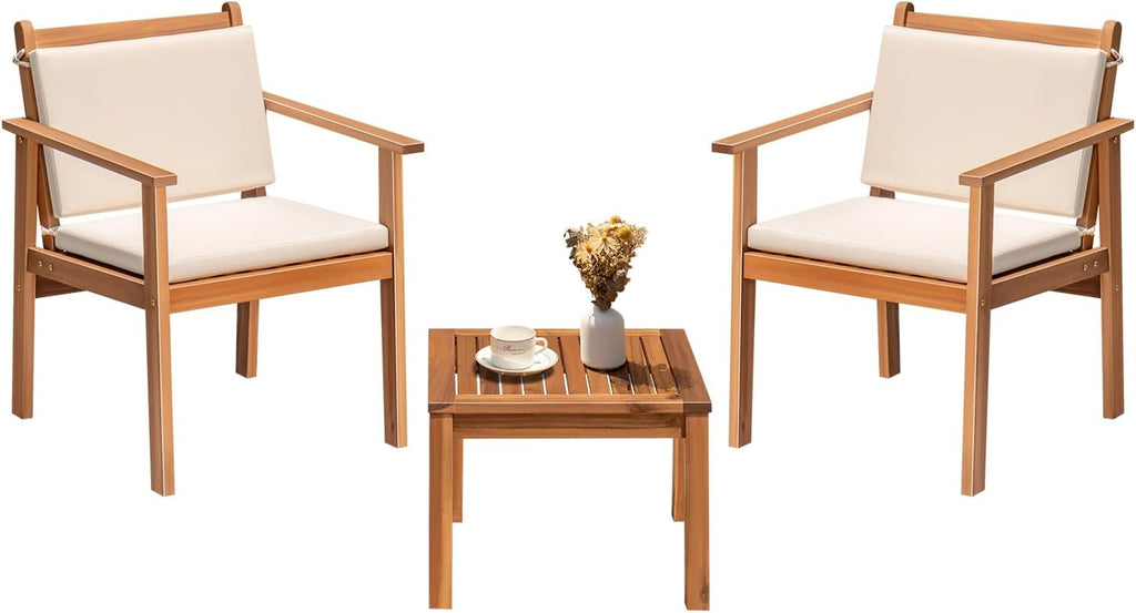 Greesum Outdoor Patio Furniture, 3 Piece Bistro Sofa Set with 1 Coffee Table and 2 Chairs, Acacia Wood Conversation Sets with Cushions, for Garden, Backyard, Poolside, White